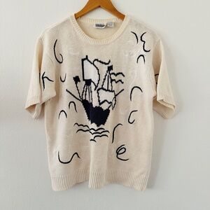 Vintage Short Sleeve Linen Blend Sweater Shirt - Cream Blue Sail Boat Design